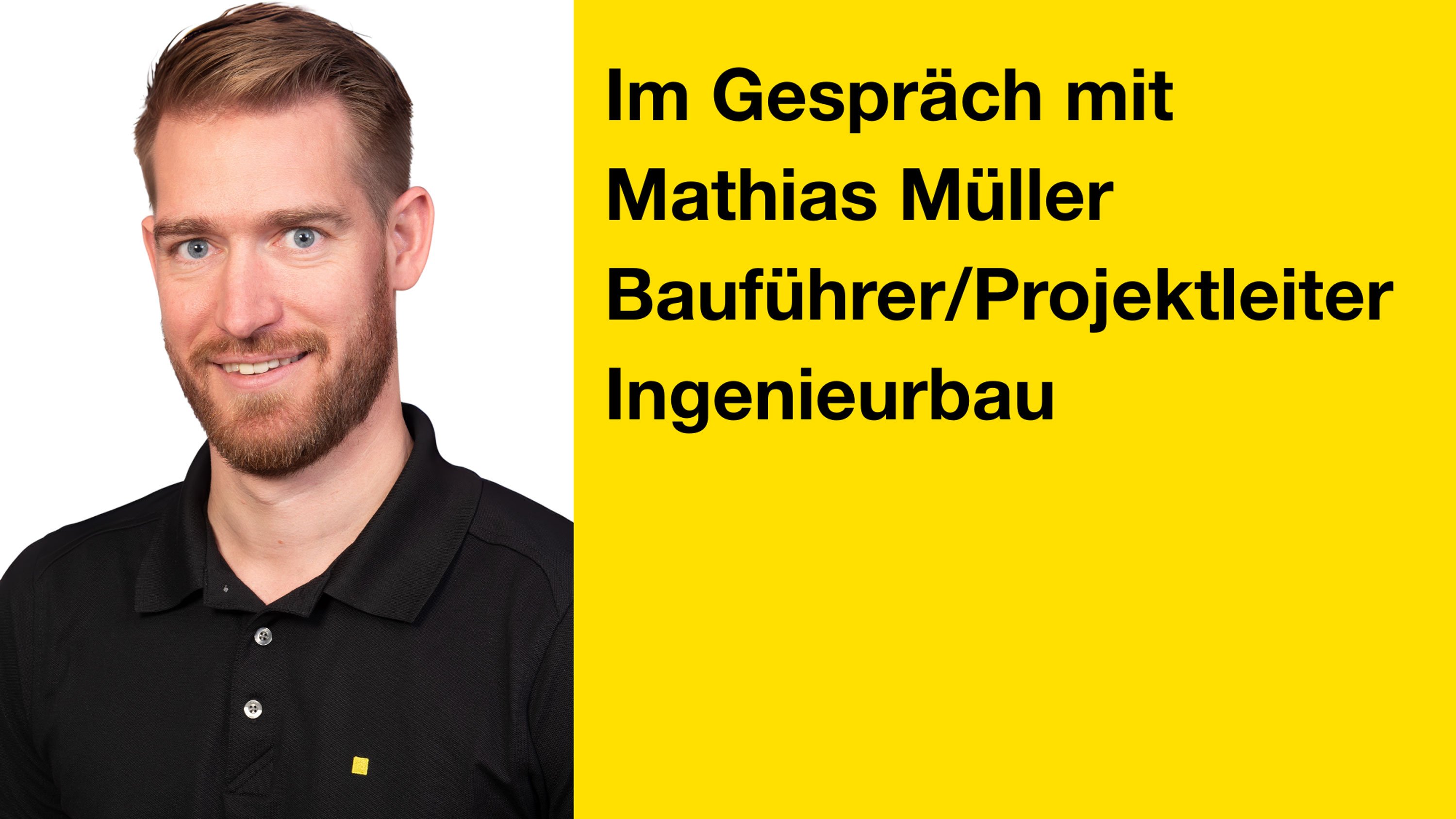 Porträtfoto eines jungen Mannes mit blonden, kurzen Haaren und Bart. Recht ein Schriftzug auf gelbem Hintergrund.